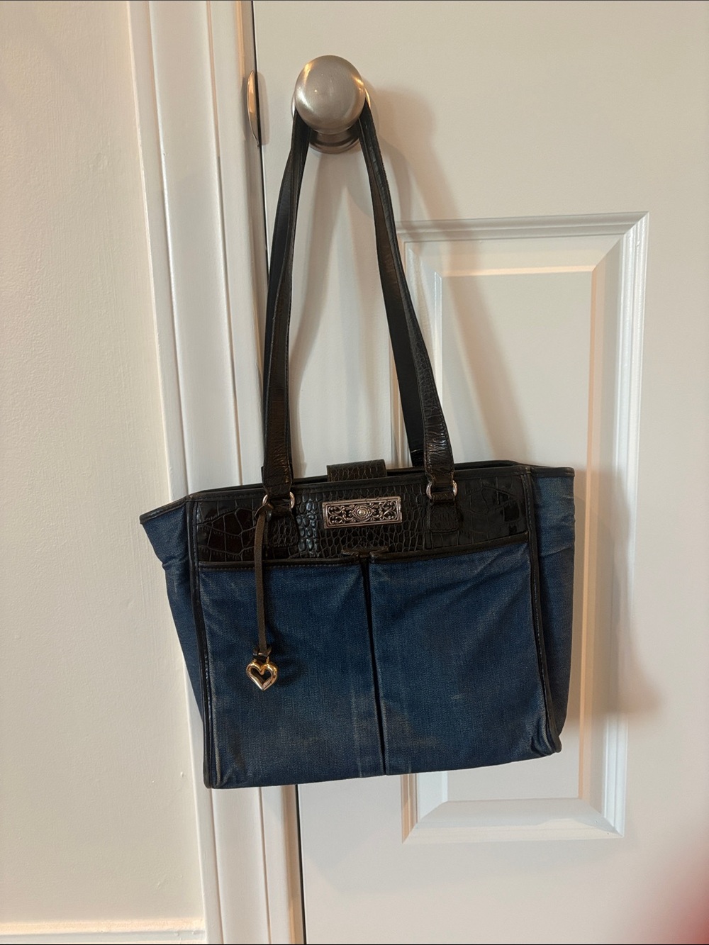 Brighton Blue Denim and Black Trim Shoulder Tote with Heart Charm